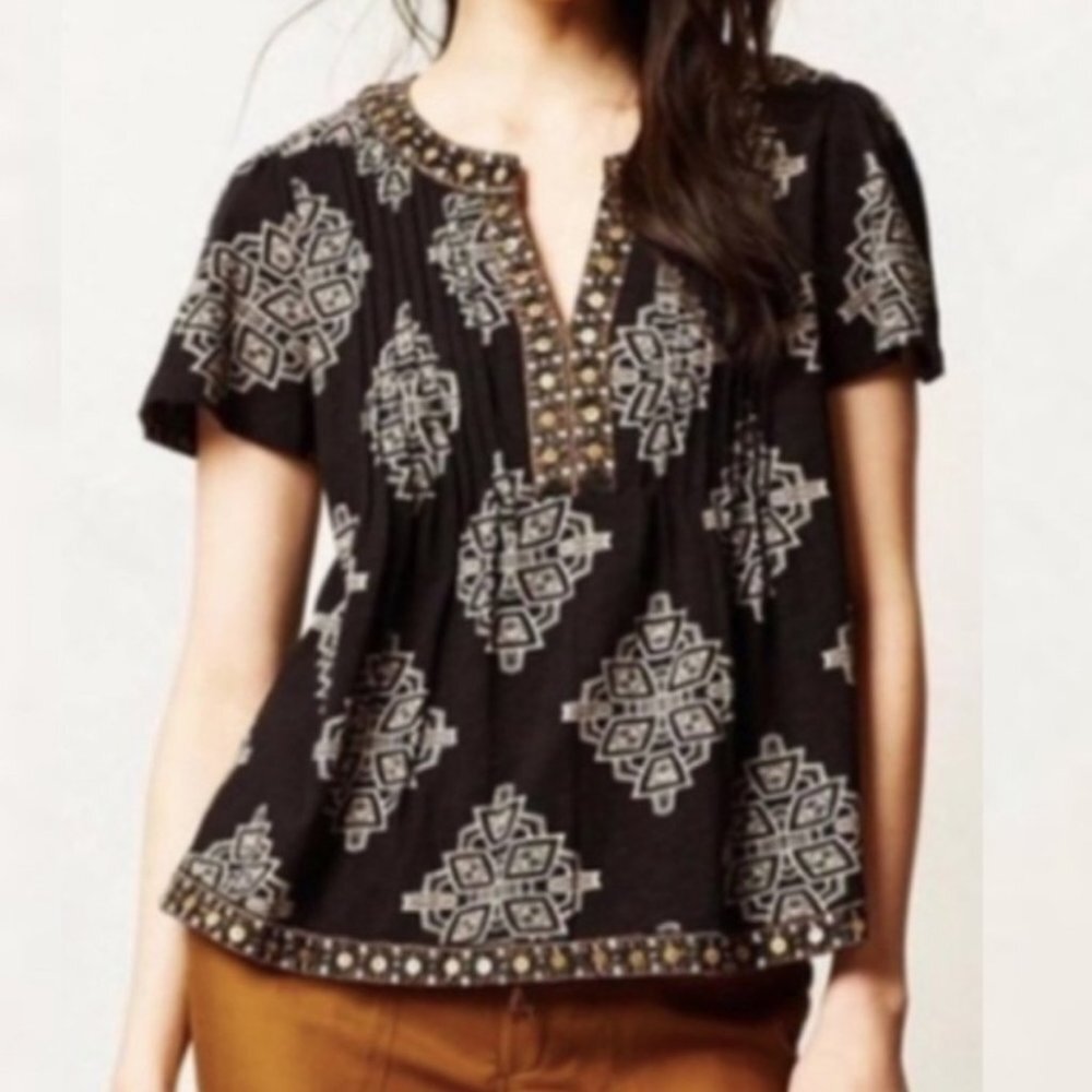 Anthropologie Akemi+Kin Romy Block Printed Top Size XS‎ Black Beaded Blouse Boho